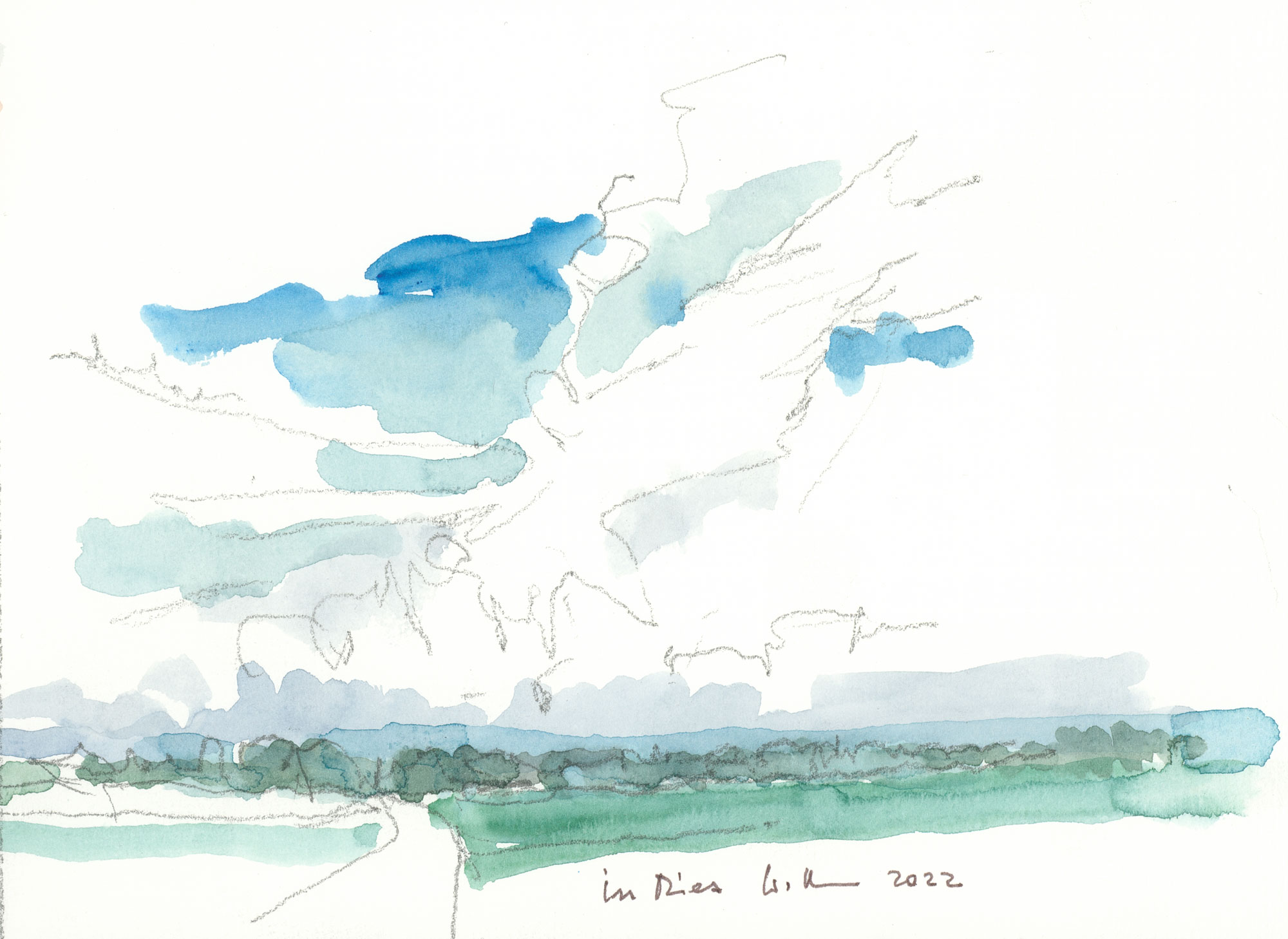 Eine Zeichnung von Walter Diehm, zu sehen sind Wolken und Landschaft