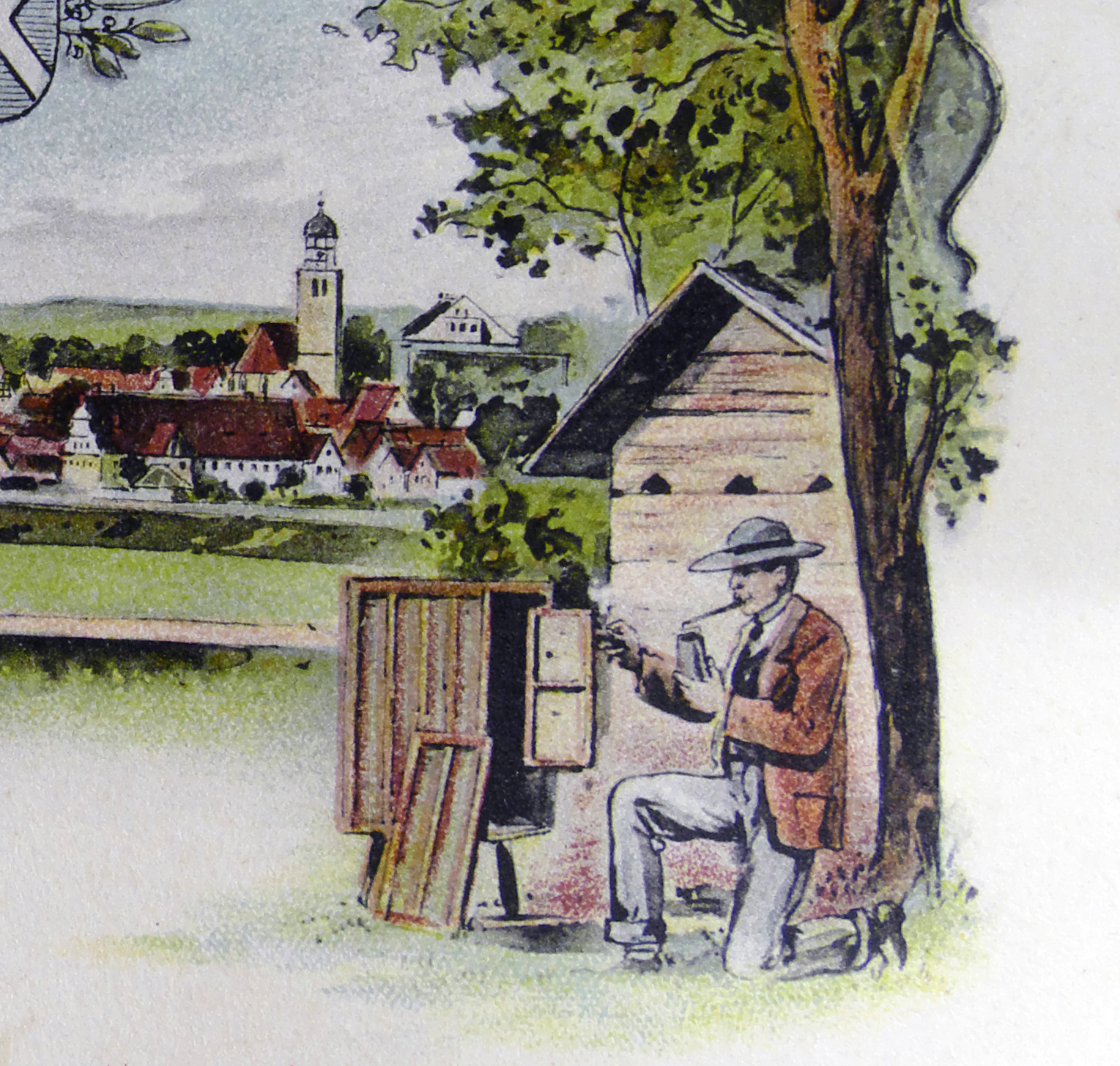 Ausschnitt aus einer Ansichtskarte „25. Wanderversammlung des Kreisvereins für Bienenzucht und Obstbau v. Schwaben u. Neuburg“ in Oettingen im Jahr 1905.